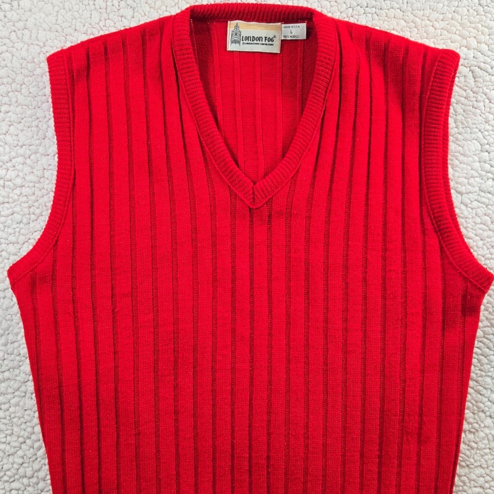 Vtg 90s Mens L London Fog Red Ribbed Knit Sweater Vest Preppy Grandpacore USA - Picture 8 of 8
